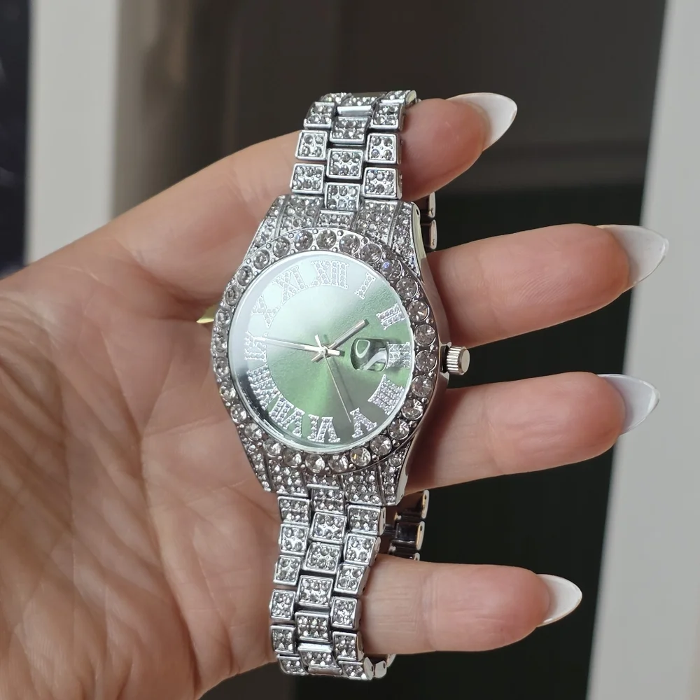 Silver & Green Luxury Iced Bling Hip Hop Fashion Quartz Date Watch New